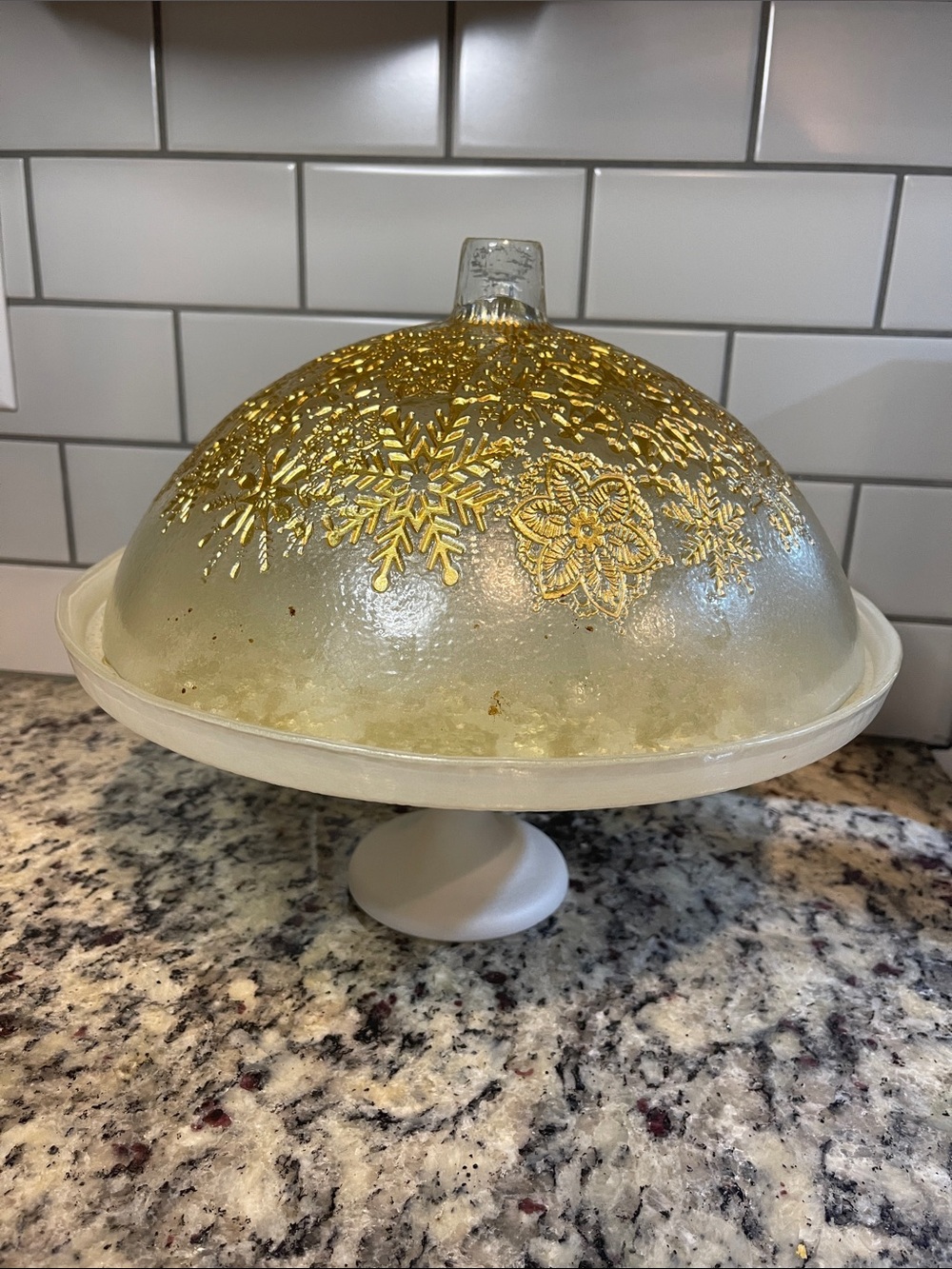 Glass Pedestal Cake Dome with Gold Snowflake Design